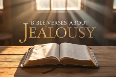 A close-up of an open Bible on a wooden table bathed in warm sunlight, with the title text "Bible Verses About Jealousy" elegantly displayed.