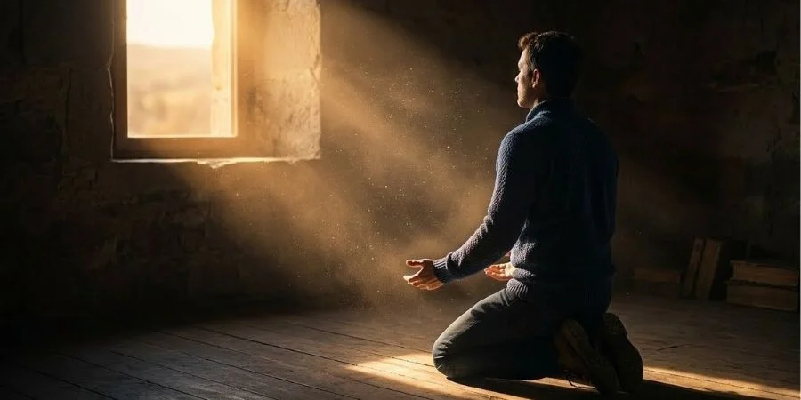 Person turning toward light in a dark room, illustrating Bible verses about believing in yourself over fear and self-doubt.