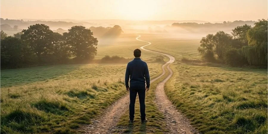 Person standing at the start of a path toward golden horizon, reflecting Bible verses about believing in yourself and God's purpose.