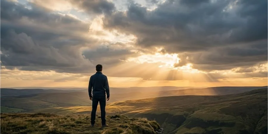 Person standing confidently before a vast sky, reflecting Bible verses about believing in yourself through Christ's strength.