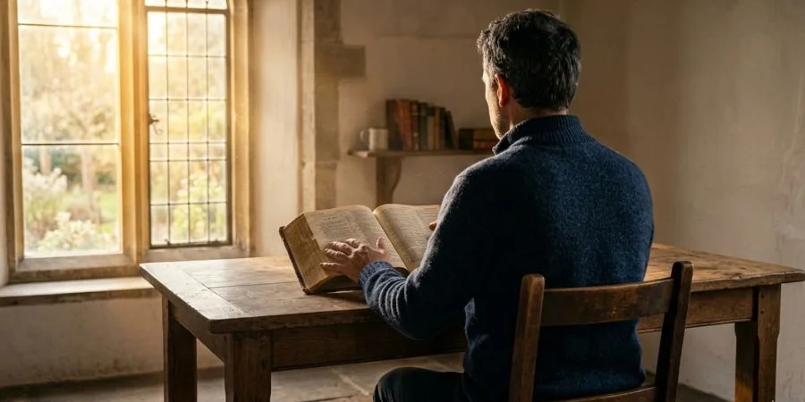 Person reading Bible verses about believing in yourself in warm morning light, hands open on Scripture.