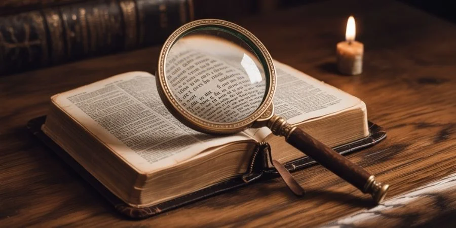 A magnifying glass resting on scripture pages representing the examination of the heart through bible verses about jealousy.