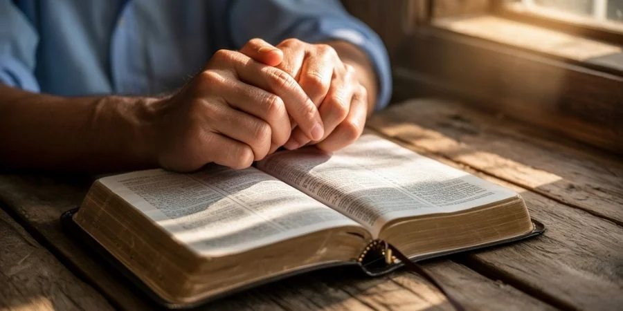 Hands resting on an open Bible in warm sunlight, symbolizing how God's love defeats envy in bible verses about jealousy.
