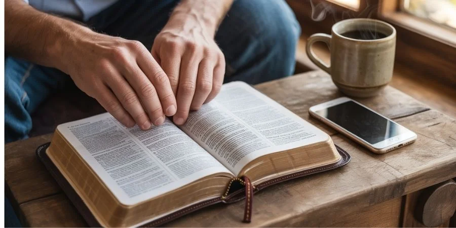 A person reading an open Bible with a phone turned face down, symbolizing finding peace in bible verses about jealousy.