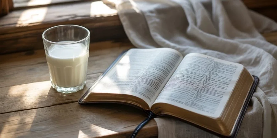  A glass of fresh milk sitting next to an open Bible, symbolizing pure spiritual milk and bible verses about jealousy.