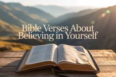 A warm, cinematic view of an open Bible bathed in golden hour sunlight, featuring the text "Bible Verses About Believing in Yourself" in elegant typography, representing faith, hope, and inner strength.