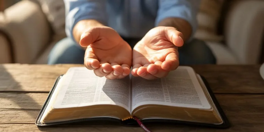Hands resting gently on an open scripture page illuminated by sunlight, visualizing comforting Bible verses about guilt and forgiveness.
