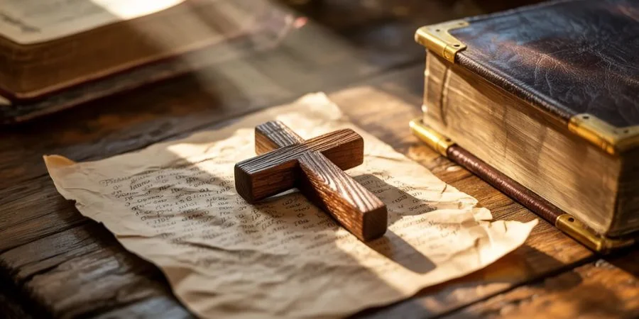 A wooden cross resting on a crumpled list of regrets next to a Bible, symbolizing the sufficiency of atonement found in bible verses about guilt.
