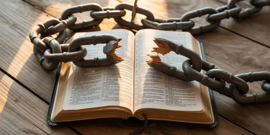 A broken chain lying on an open Bible, representing the freedom and grace promised in bible verses about guilt.
