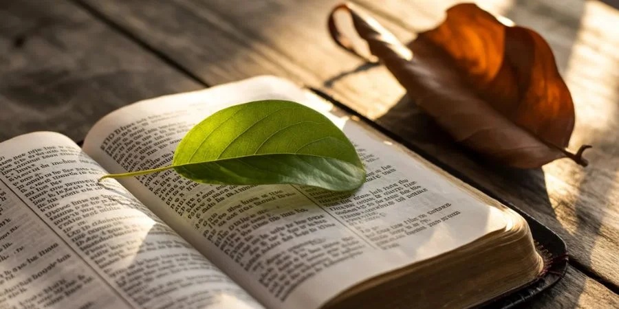 A fresh green leaf resting on an open Bible next to a withered leaf, symbolizing the new creation mentioned in bible verses about guilt.
