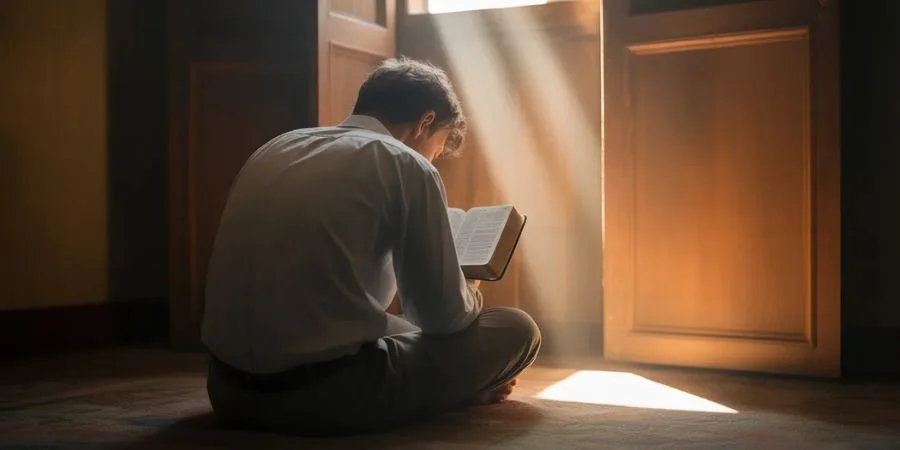 A person sitting in sunlight reading scripture, visualizing the comfort found in Bible verses about shame and God’s assurance.

