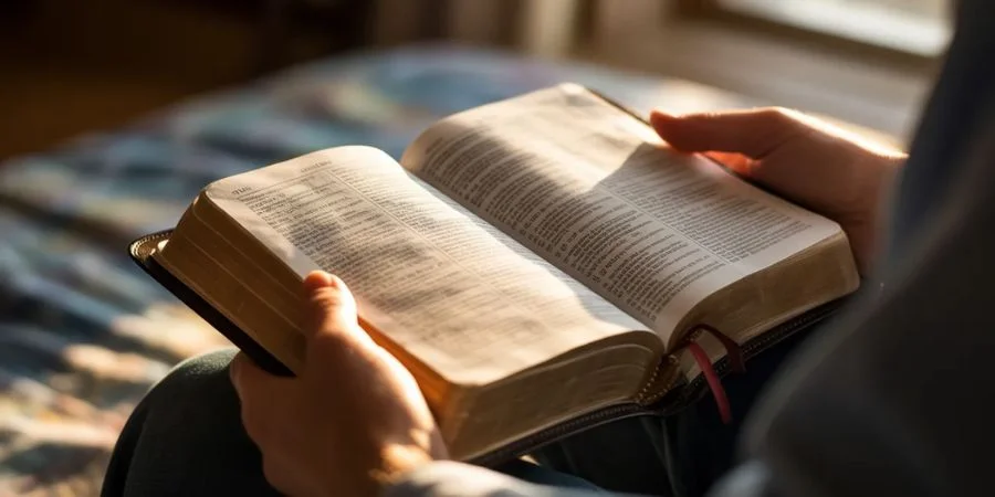 Open Bible illuminated by sunlight, representing the freedom found in Bible verses about shame and grace.

