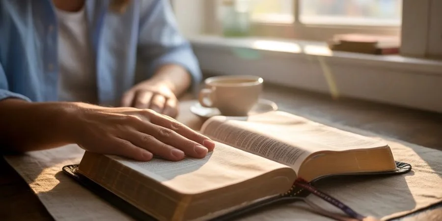 Hands resting on open Bible seeking verses about shame and God's redemption through Scripture