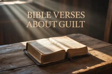 A cinematic close-up of an open Bible on a wooden table illuminated by a ray of light, with the text Bible Verses About Guilt displayed in elegant typography, representing hope and forgiveness.