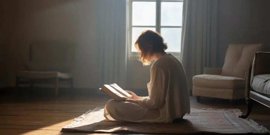 A person sitting in a quiet sunlit room reading Scripture to find comfort in Bible verses about anxiety.
