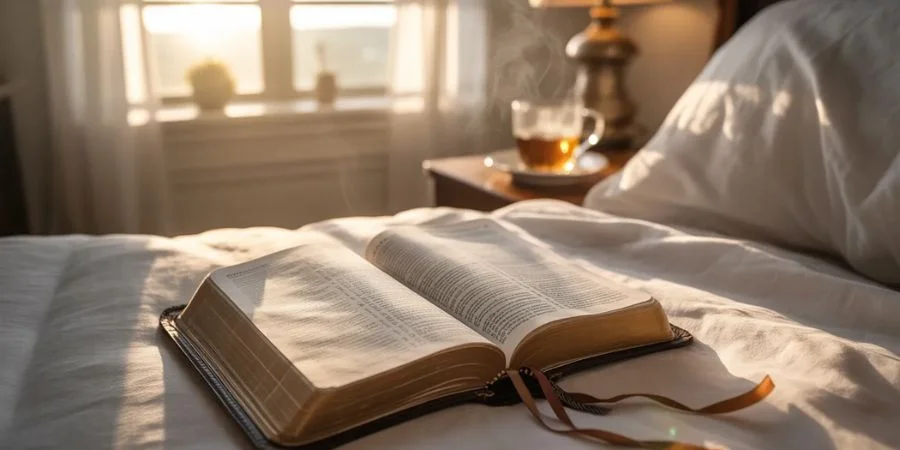 Open Bible on bed in morning light with calming verses about anxiety and God's peace visible on pages