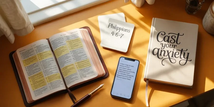Bible verse cards and journal on desk showing practical ways to use Bible verses about anxiety for daily peace
