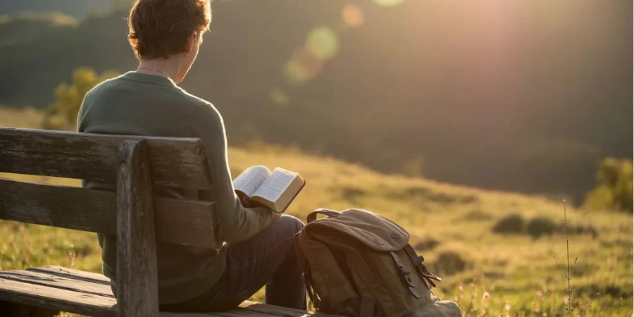 A person sitting on a bench with a heavy bag on the ground, finding rest while reading Bible verses about anxiety.