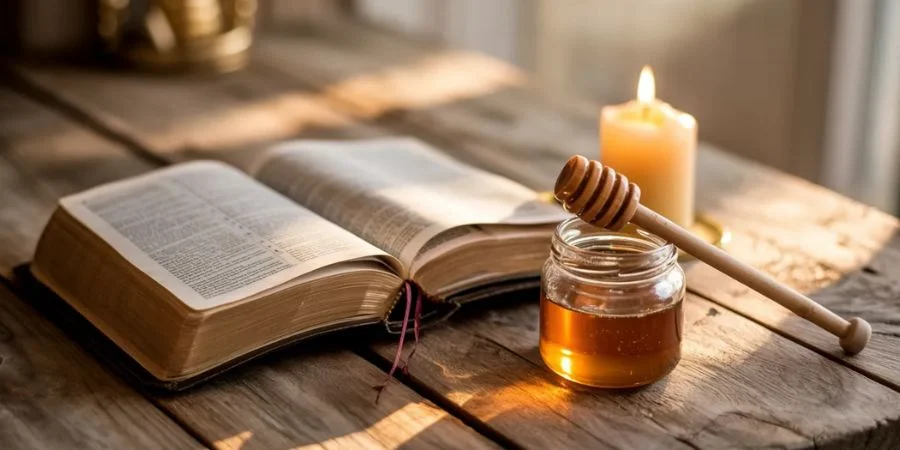 Open Bible with honey jar and lit candle on a wooden table, symbolizing practical faith steps from Bible verses about healing.