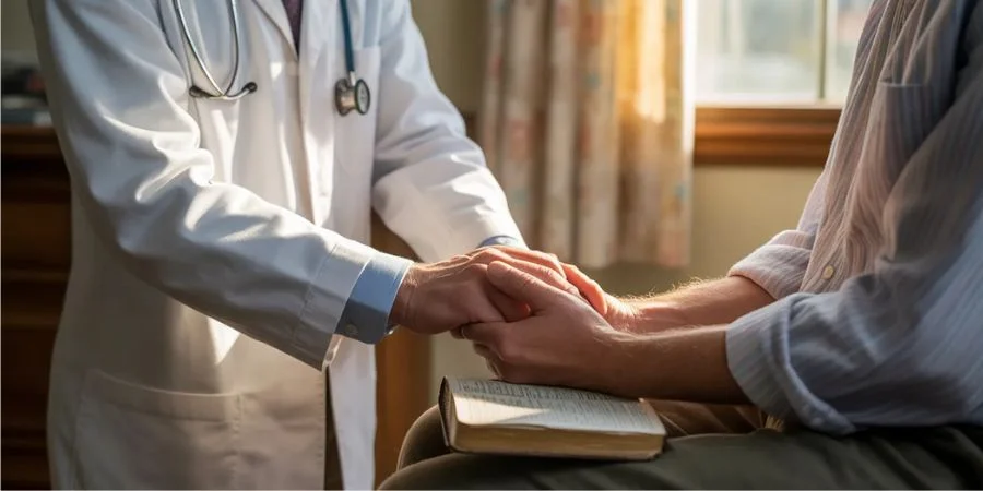 Doctor comforting a Bible-holding patient, reflecting the harmony between faith and medicine found in Bible verses about healing.