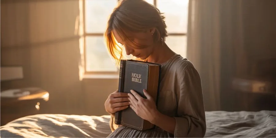 A person sitting by a window holding an open Bible, seeking comfort and hope through Bible verses about healing during hardship.