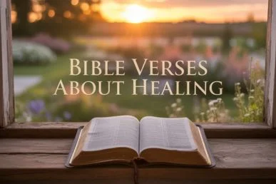 An open leather-bound Bible on a wooden table, illuminated by golden divine light rays streaming across the scene. The text "BIBLE VERSES ABOUT HEALING" appears in elegant serif typography, suggesting spiritual comfort, prayer, and faith-based healing.
