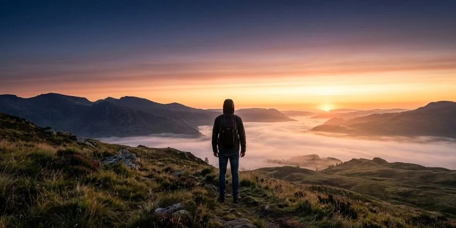 A lone figure facing a golden dawn horizon, capturing the hope expressed in Bible verses about encouragement and hope.