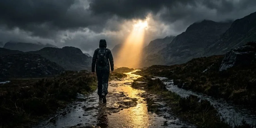 A lone figure walking toward golden light through a storm, reflecting Bible verses about encouragement during hard times.