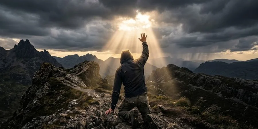 A weary figure rising toward golden light, capturing the strength found in Bible verses about encouragement for hard times.