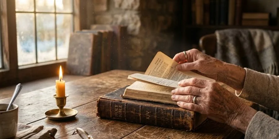Hands opening a worn Bible in soft morning light, reflecting the comfort found in Bible verses about encouragement
