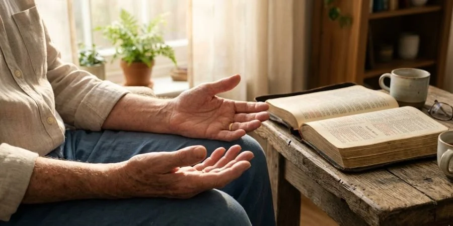 Open hands resting in surrender beside an open Bible, illustrating Bible verses about encouragement and inner peace.