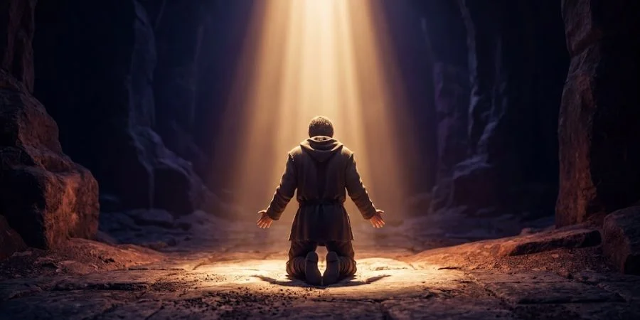A lone figure kneeling in golden light amid deep shadows, representing Bible verses about encouragement in worship and trust.