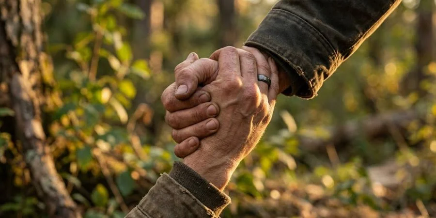 Two hands clasped together in support, visualizing Bible verses about encouraging others with strength and compassion.