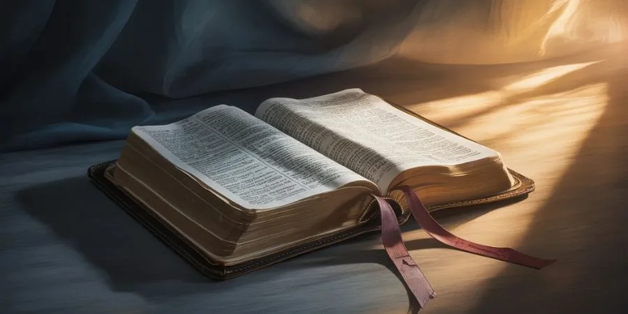 Open Bible with pages split between shadow and golden light, reflecting Bible verses about identity from darkness to God's assurance.