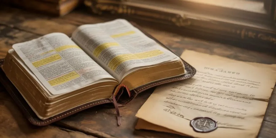 Open Bible beside a sealed adoption document in warm light, representing Bible verses about identity as a child of God.