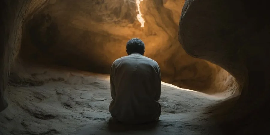 Lone figure sitting in shadow with faint golden light above, visualizing a fractured identity and the need for Bible verses about identity.