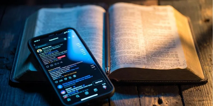Social media metrics on a phone beside an open Bible, illustrating Bible verses about identity beyond likes and follower