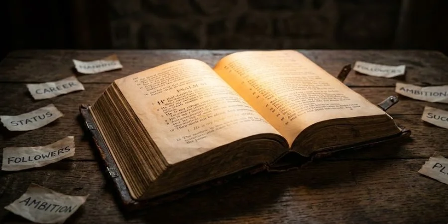 Open Bible glowing in warm light surrounded by fading worldly labels — illustrating Bible verses about identity in Christ.