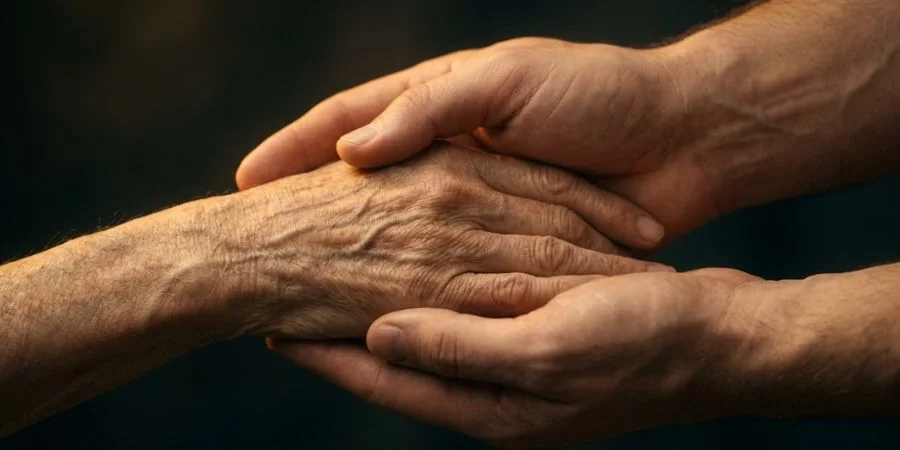 A weary hand held firmly by steady hands, visualizing Bible verses about not giving up and God's active presence.