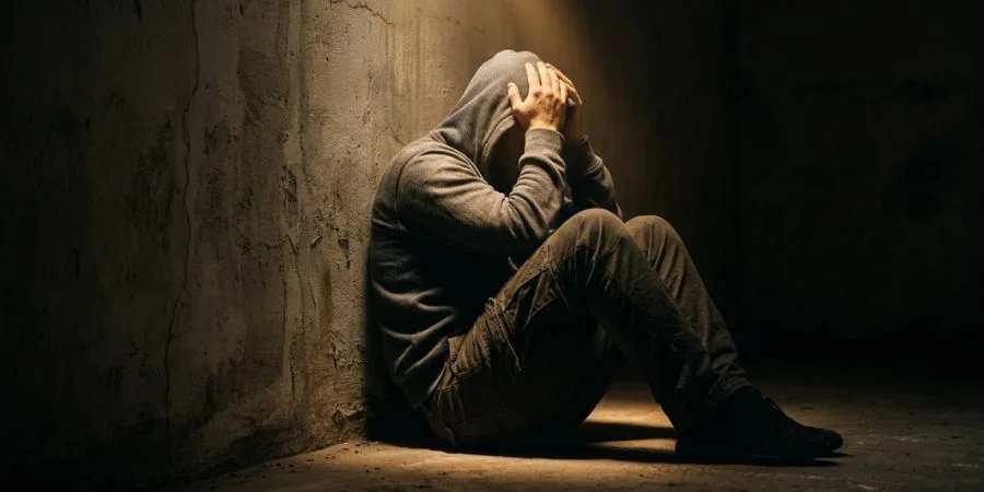 A withdrawn figure bathed in soft light, capturing the identity struggle behind Bible verses about not giving up.