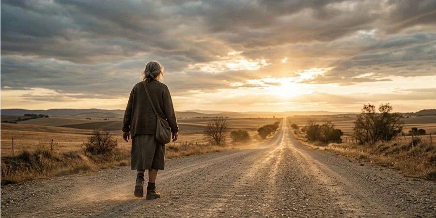A lone figure walking a long road toward golden light, illustrating Bible verses about not giving up and renewed strength.
