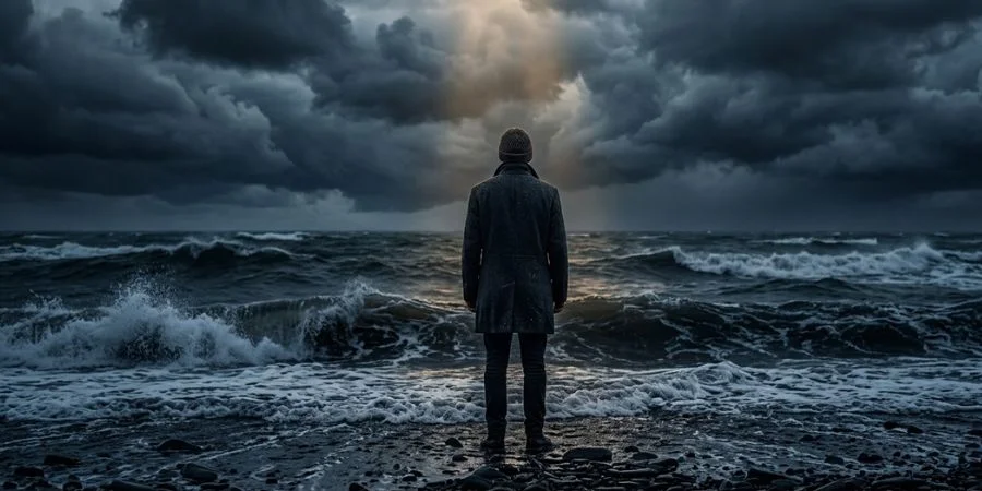 A still figure standing before a stormy sea, reflecting Bible verses about not giving up and finding peace in trouble.