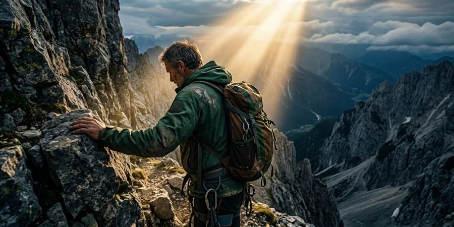 An exhausted climber receiving light from above, depicting Bible verses about not giving up through supernatural strength.