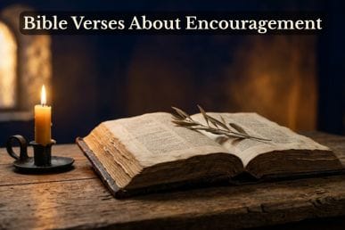 An open Bible beside a lit candle in warm golden light, representing Bible verses about encouragement and God's steadfast presence.