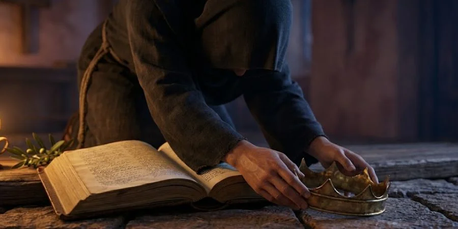 Hands setting aside a small crown beside an open Bible, Bible verses about pride