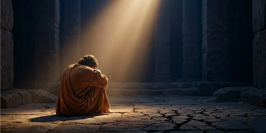 A bowed figure bathed in warm golden light representing confession and Bible verses about failure and forgiveness
