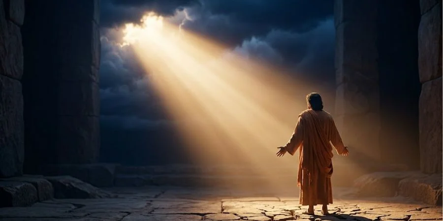 A lone figure standing in golden light breaking through storm clouds, reflecting Bible verses about failure and God's purpose