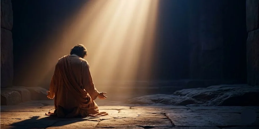 A person kneeling in surrender beneath golden light, representing hope found in Bible verses about failure