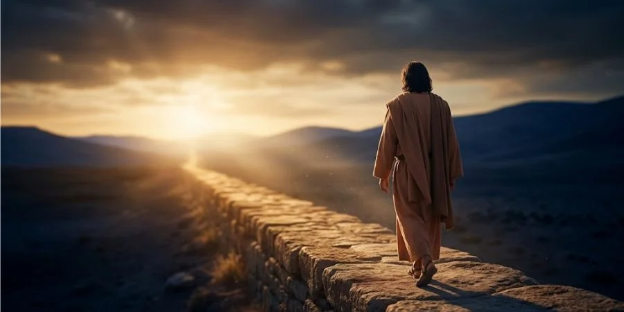 A figure walking forward on a stone path into warm golden light, depicting hope from Bible verses about failure