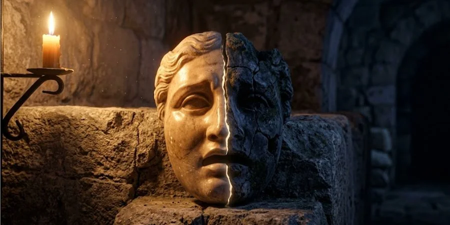 A cracked stone mask in golden light representing Bible verses about hypocrisy and hidden sin